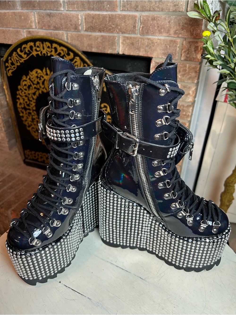 DOLLS KILL Club Exx Studded Tactical Boots Black Patent Platform Shoes 7/8 NWOT